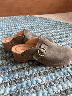 Aetrex Olive Suede Buckle Clog Mules
